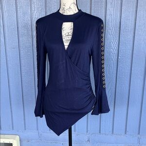 Navy Long Sleeve Top jwith Eyelet Details